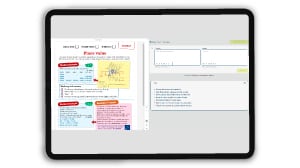 Tablet displaying multiple colorful documents with annotations, including text, diagrams, and highlighted sections, arranged in a split-screen view.