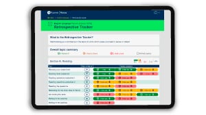 Tablet displaying a colorful project management app interface with graphs, metrics, and a "Retrospective Tracker" header.