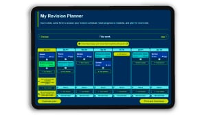 Digital revision planner displayed on a tablet, featuring a weekly schedule layout in blue and green, with various study tasks allocated in time slots.