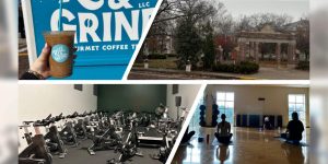 A group of four pictures highlighted in the author’s blog: getting coffee, a cold day on campus, a spin class, and a yoga class.