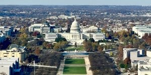 A view looking down the National Mall towards the U.S. Capitol building in Washington, D.C.