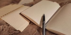 Two blank journals open on a blanket with a fountain pen propped on one.