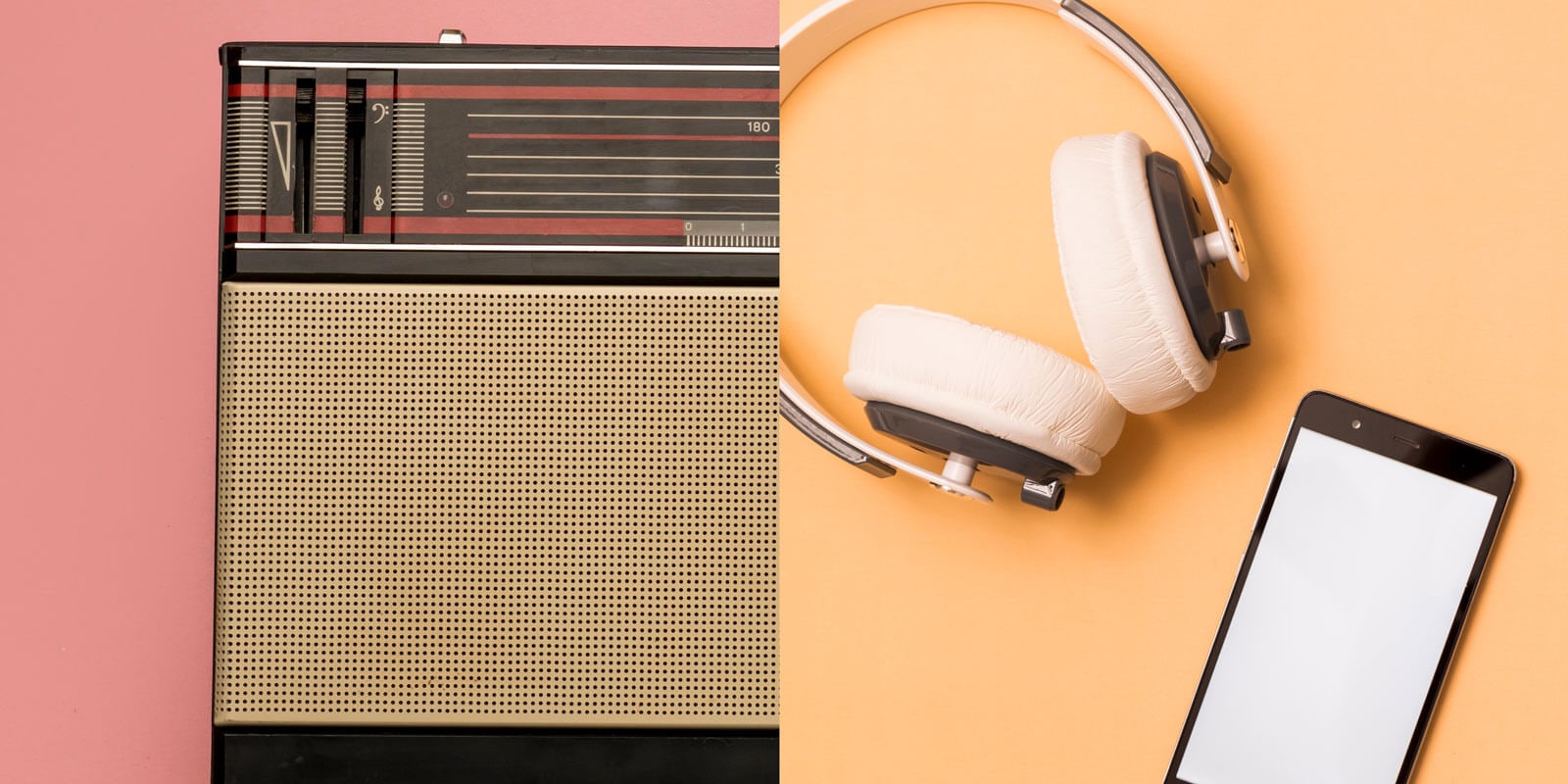 Image showing an old-fashioned radio in comparison to headphones and a smartphone.