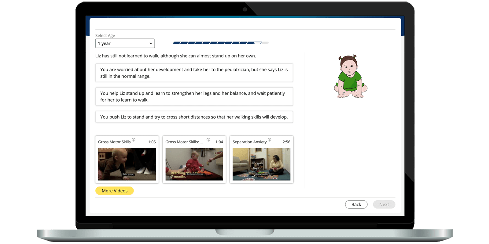 Sample case study featuring authentic feedback from professionals and offering access to related video clips in relation to a one-year-old who has not learned to walk.  