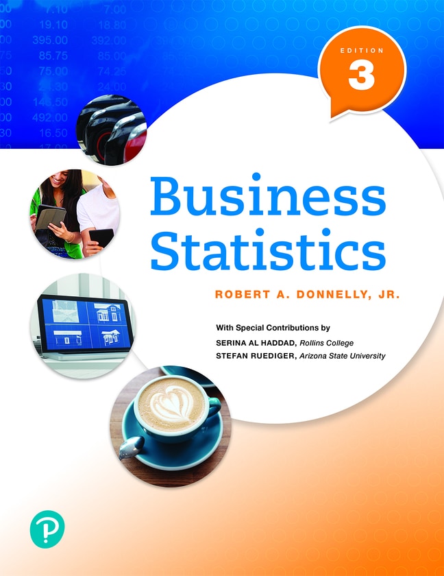 Cover design for the 3rd edition of Business Statistics with circular cutout images of a laptop, a latte, cars and students