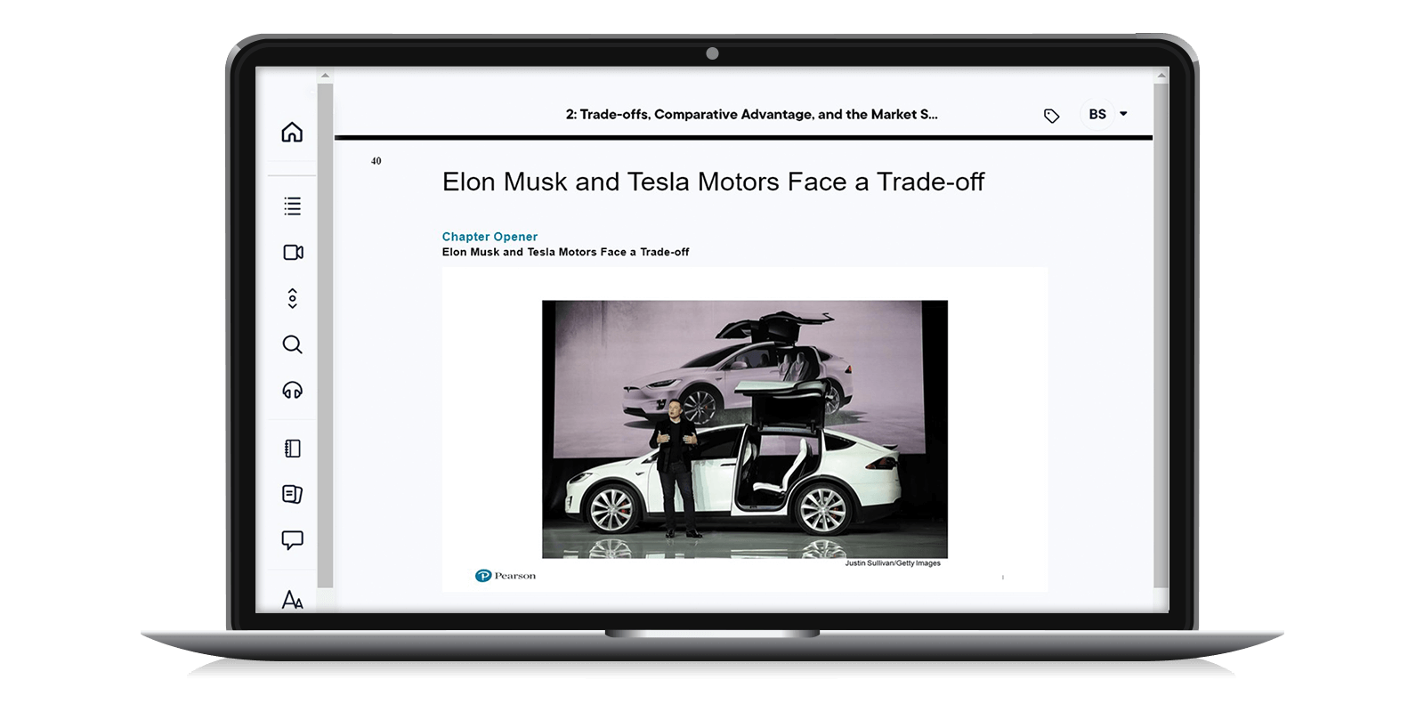 Screenshot of chapter opener with image of Elon Musk infront of a Tesla, on a laptop.