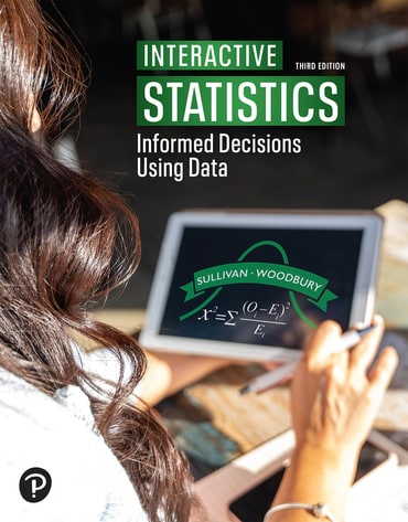 Cover design for the 3rd edition of Interactive Statistics featuring a woman's hands holding a tablet that displays Sullivan and Woodbury’s names along with a statistical formula. 