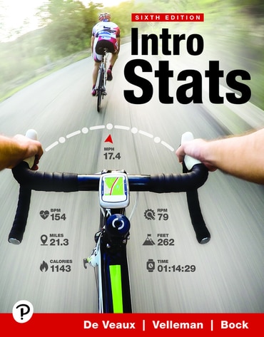 Cover design for the 6th edition of Intro Statistics featuring two individuals riding road bikes, with detailed information, such as bpm, miles, calories, rpm, fest, time, and mph, displayed around the handlebars of one bike.