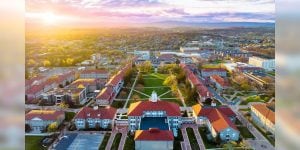 An aerial view of a college campus.