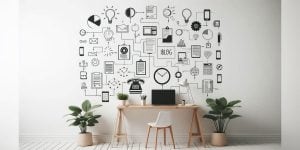 A large white wall with various graphics related to writing displayed over a small desk, chair and plants.