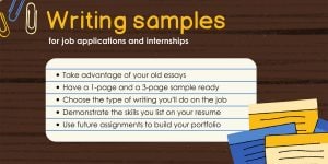 A graphic with the text: Writing samples for job applications and internships listing 5 highlights from the blog.
