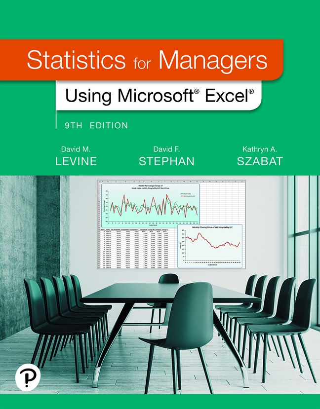 Cover design for the 9th edition of Statistics for Manager using Microsoft Excel showing an empty conference room with a table, chairs and monitor and a line graph