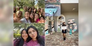 A collage of three photos from the blog author’s recruitment experience: one is a selfie with a group of 15 girls, the second is the blog author with one other girl, and the third is the blog author at her sorority house.