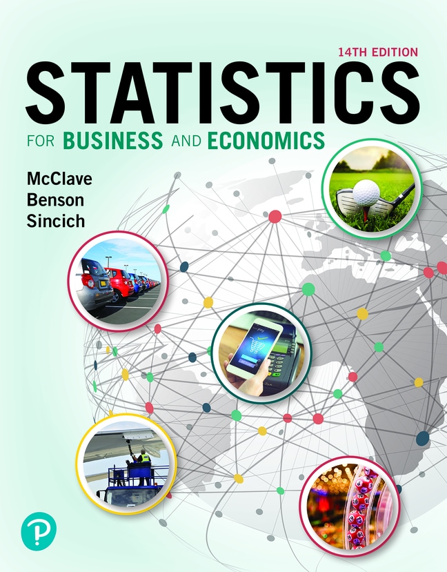 Cover design for the 13th Edition of Statistics for Business and Economics with a globe and circular cut-out pictures of a golf ball and club, vehicles, a mobile pay shopping terminal, the wing of a plane and lottery balls.