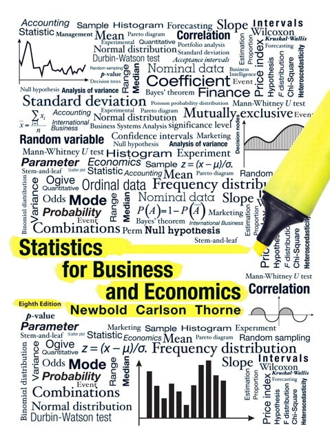 Cover design for Statistics for Business and Economics, showing a yellow highlighter and a word cloud design of statistics jargon