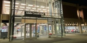 A nighttime view of the Adele Coryell Hall Learning Common on the University of Nebraska-Lincoln campus.