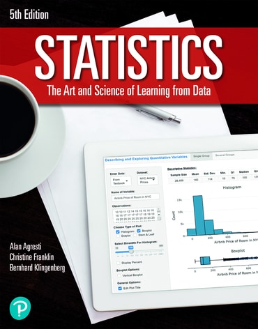 Cover design for the 5th edition of Statistics: The Art and Science of Learning from Data with a bird's-eye view of a desk, coffee mug, paper, pen, and tablet displaying a histogram and blurred menu options.   