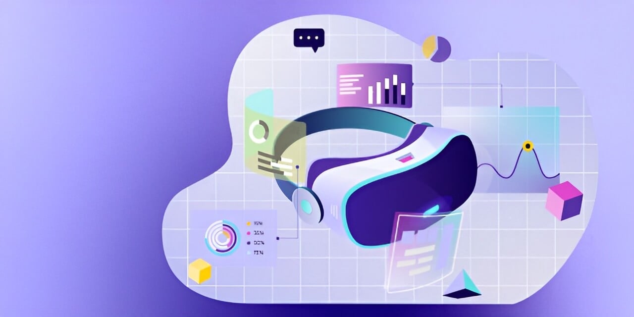 Stylised illustration of a virtual reality headset surrounded by digital charts, graphs, and icons, representing immersive learning experiences and educational technology.